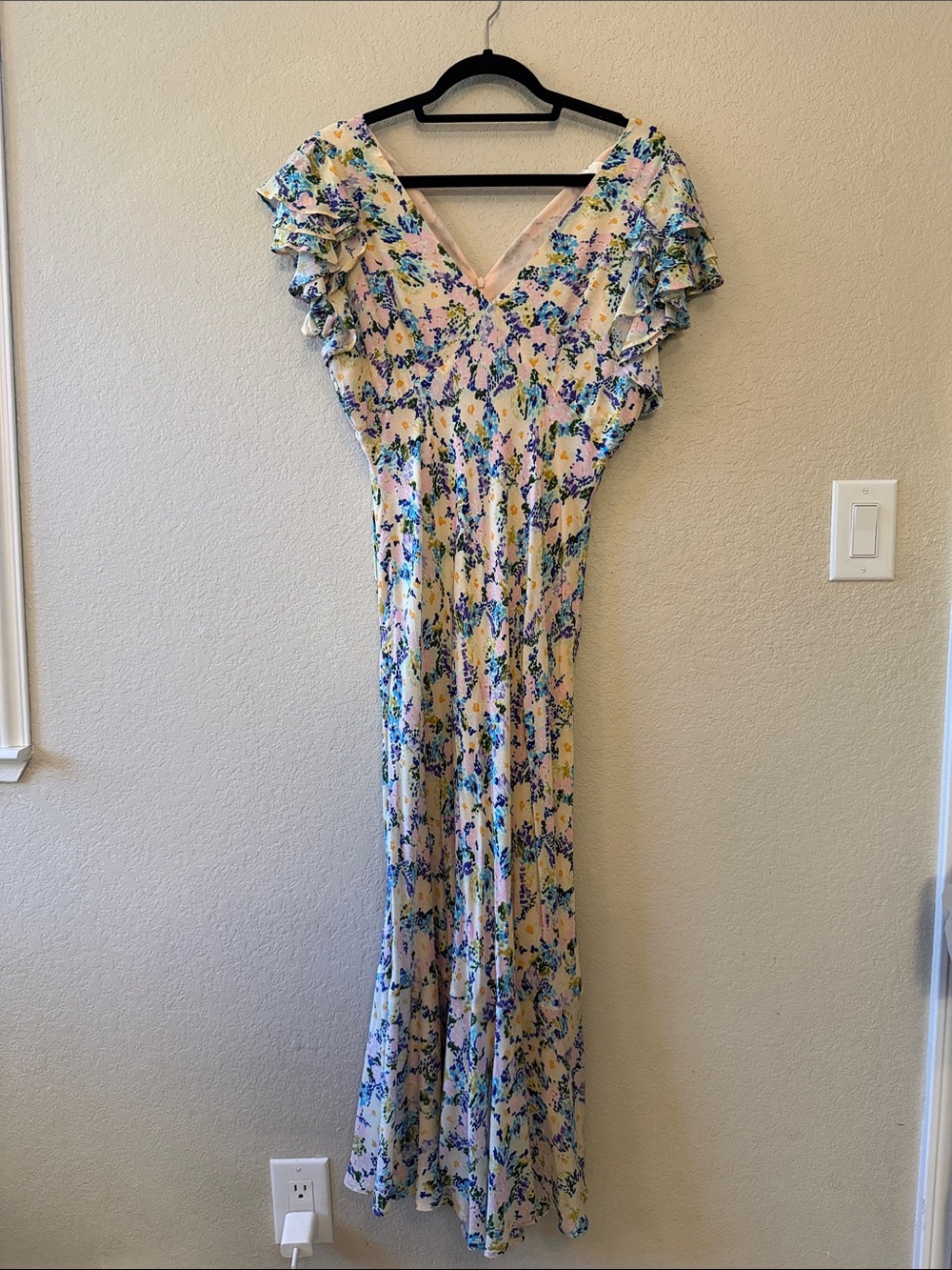 ASTR Floral V-Neck Ruffle Sleeve Maxi Dress - White, Blue, Purple, Yellow